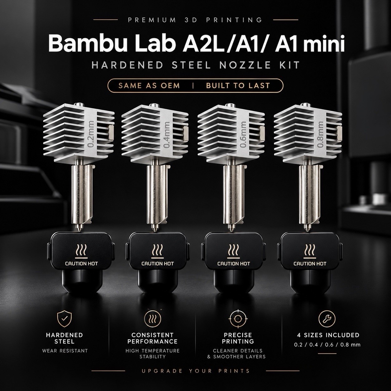 4-Pack Hardened Steel Nozzle Kit for Bambu Lab A1/A1 Mini/A2L 0.2/0.4/0.6/0.8mm