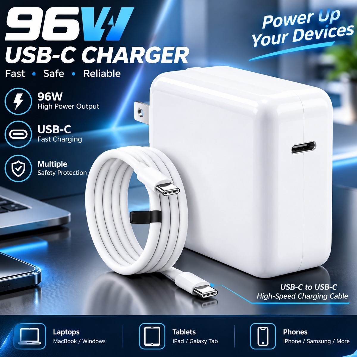 96W/65W USB-C Charger PD Power Adapter For Samsung Chromebook Pro 13.3" 15.6"