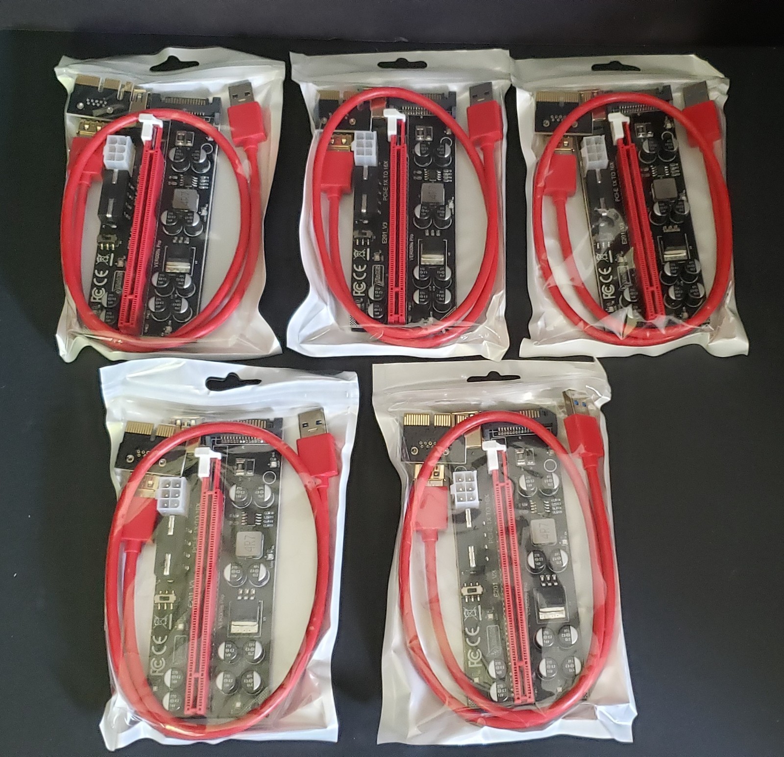 Set of 5 VER009S Pro PCIe 1x to 16x Riser Card Kit - BITCOIN/CRYPTO Mining