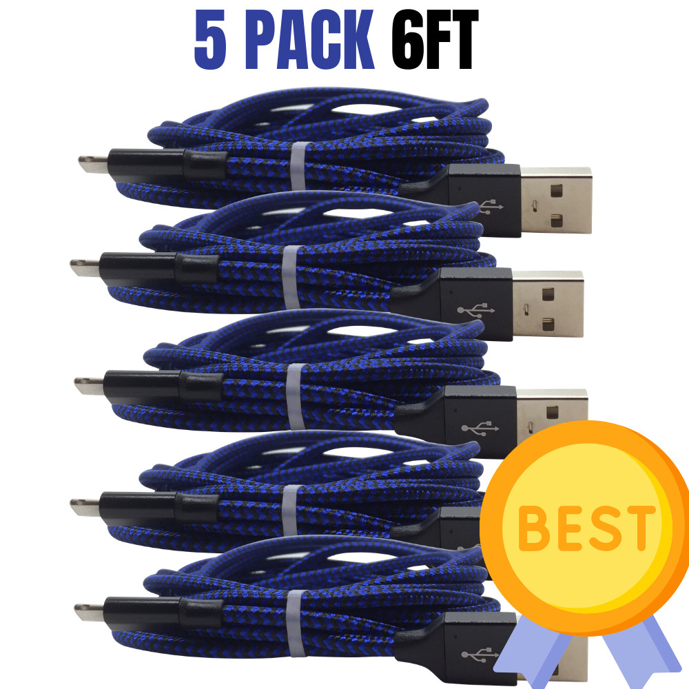 5 Pack 6Ft Braided USB Fast Charging Cable For iPhone 12 11 Pro 8 Charger Cord