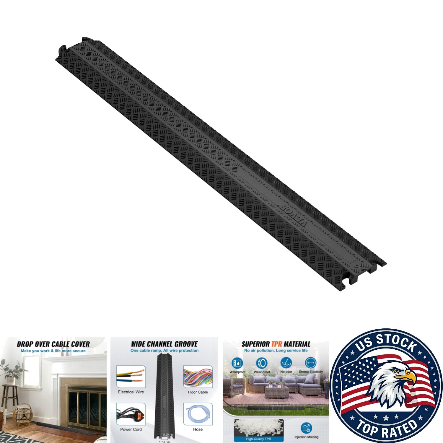 Heavy-Duty Thermoplastic Rubber Cable Cover Ramp, 2000 lbs Capacity - 39.37"L