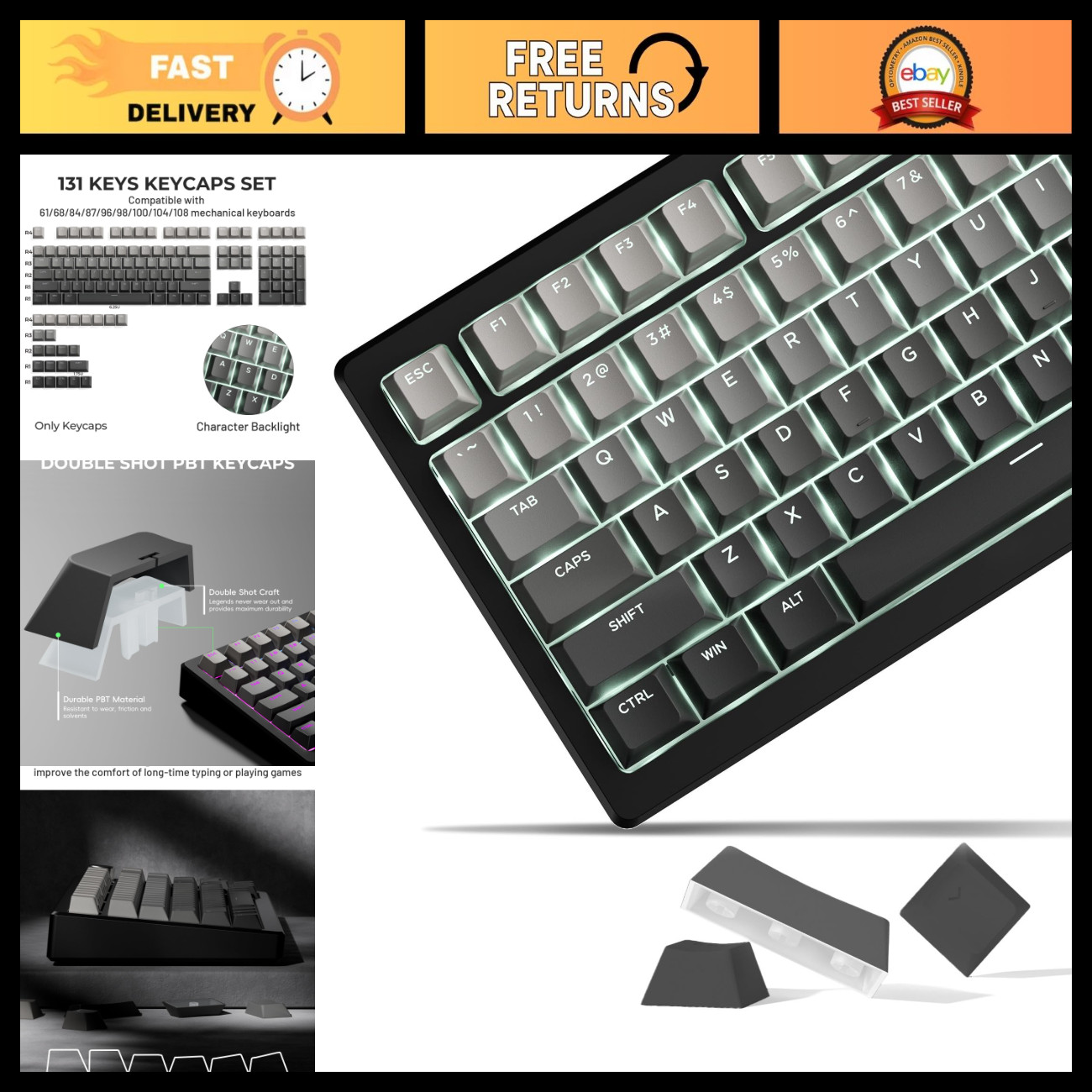 Custom Shine Through PBT Keycaps Set for 60% 75% 100% Mechanical Keyboards - Gra