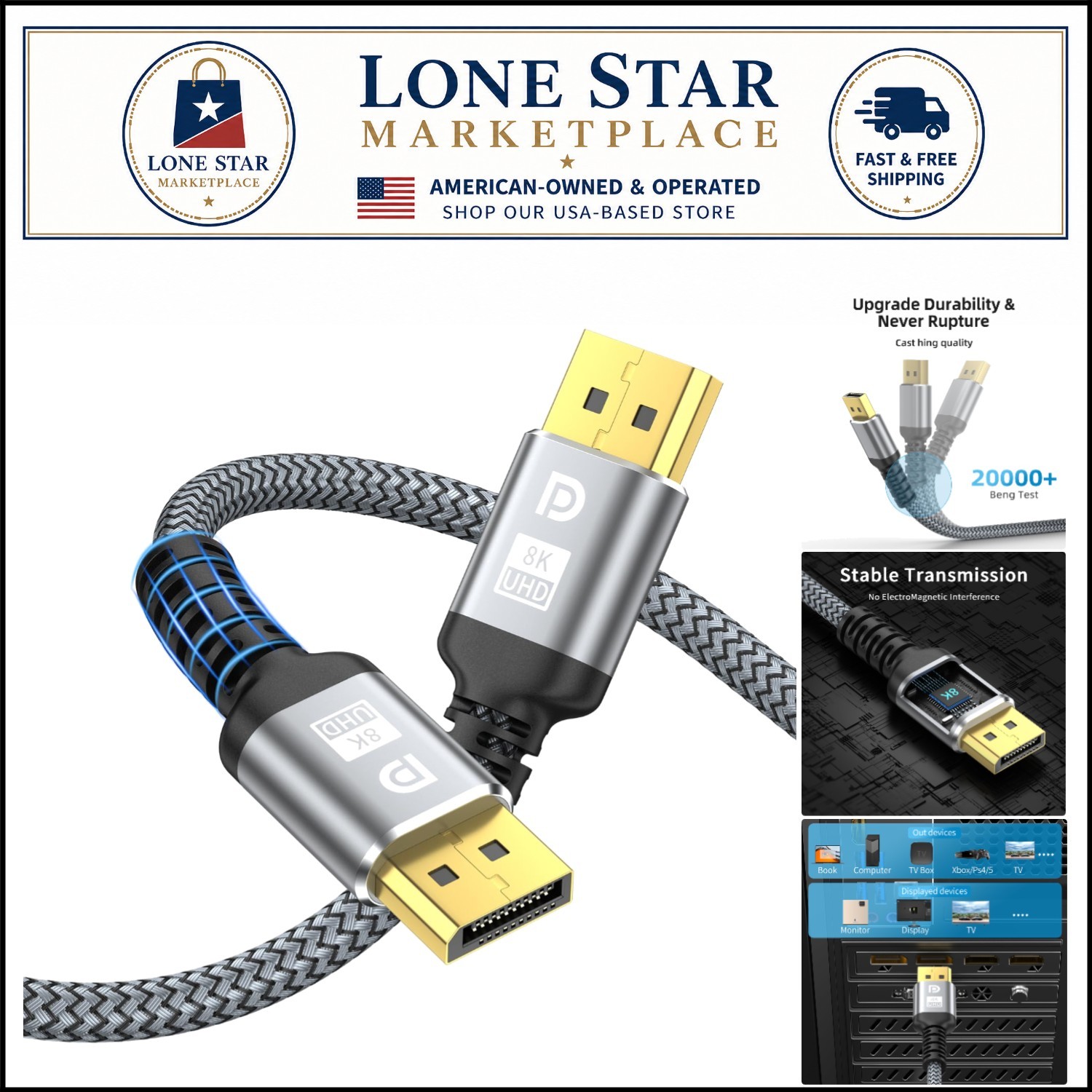 High-Speed 8K DisplayPort Cable, 6.6ft | Compatible with G-Sync/FreeSync