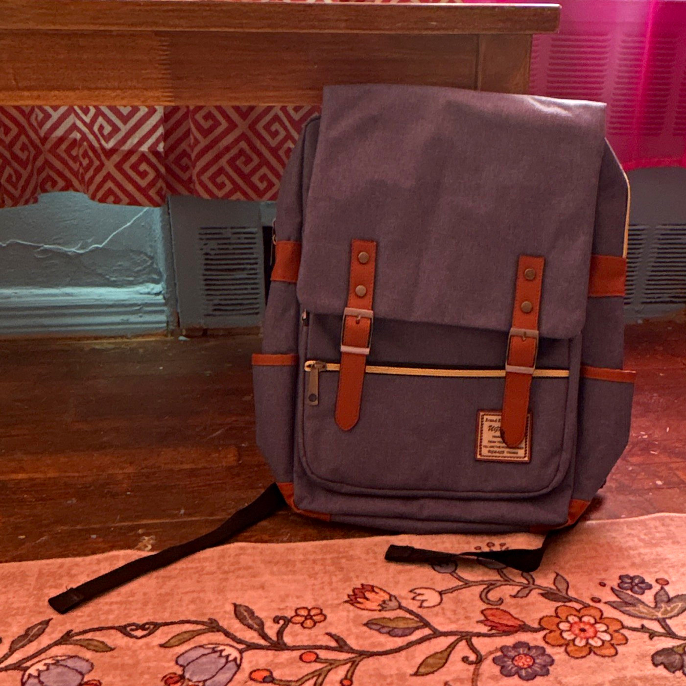 UGRACE 15 in Canvas Padded Laptop Backpack, Solid Blue/Brown Straps