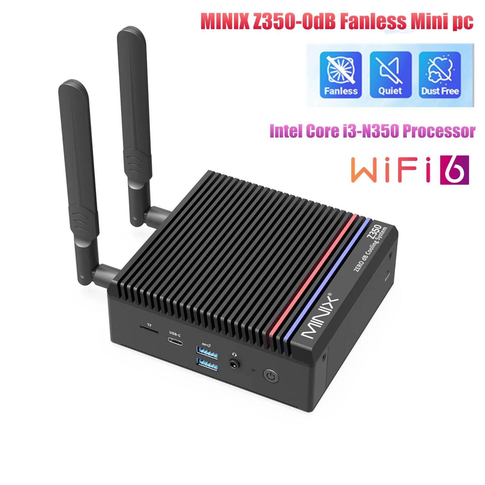 MINIX Z350-0dB Fanless Mini PC Intel Core i3-N350 16GB 512GB SSD Win 11 WiFi6 4k