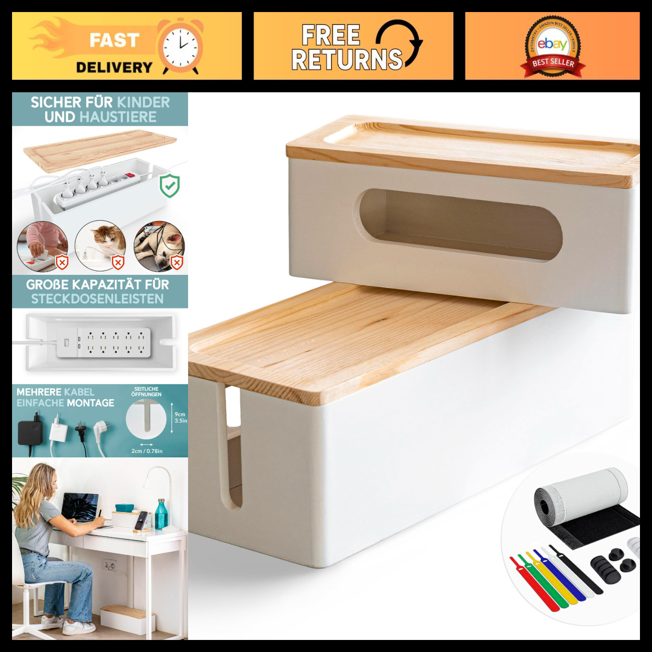 Set of 2 Wood Cable Management Boxes - Large & Medium Cord Organizer for Wires,