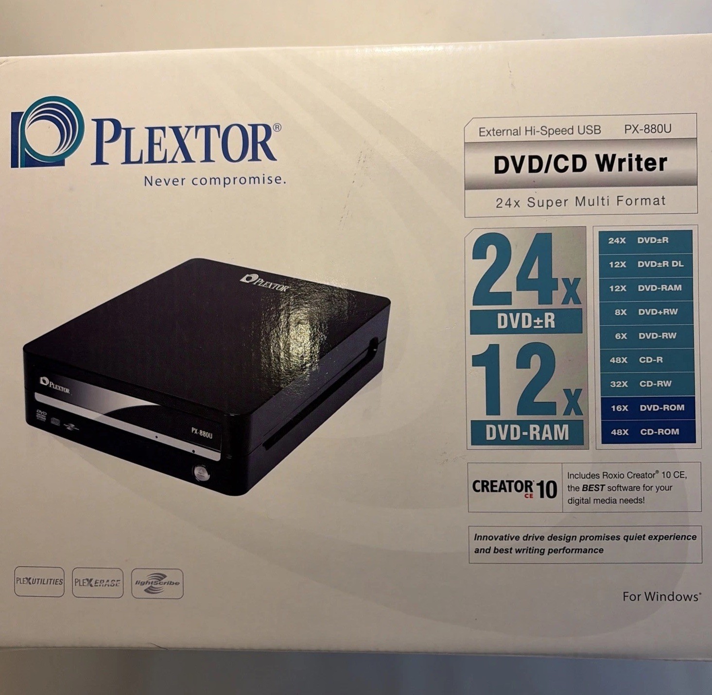 PLEXTOR PX-880U-24x12x DVD/CD Rewritable Drive SATA, NEWOB Complete for Windows 