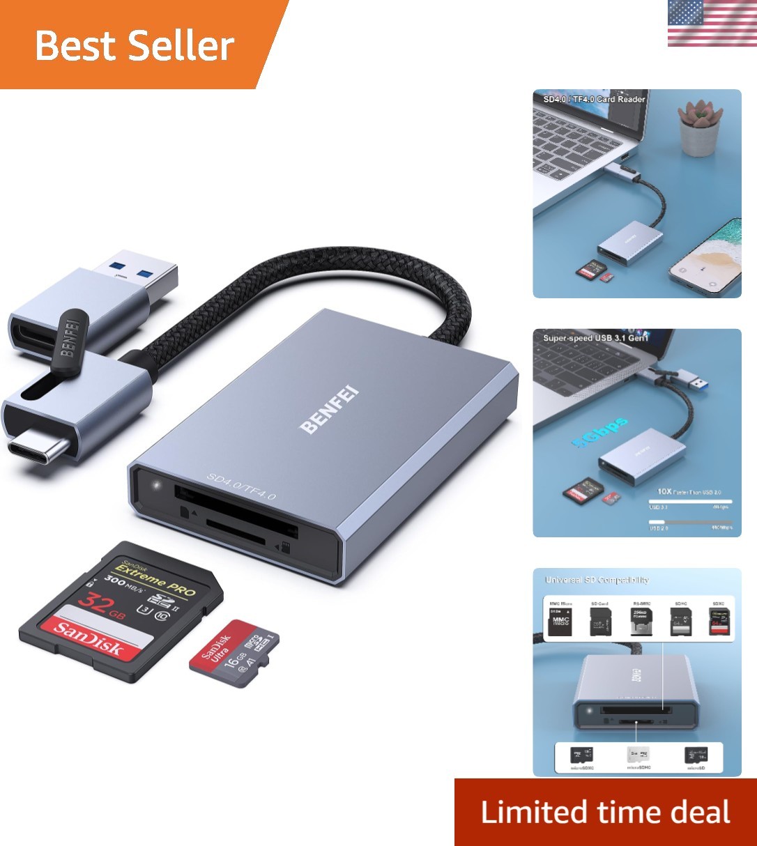 Portable 2-in-1 Memory Card Reader for SD & microSD with 18-