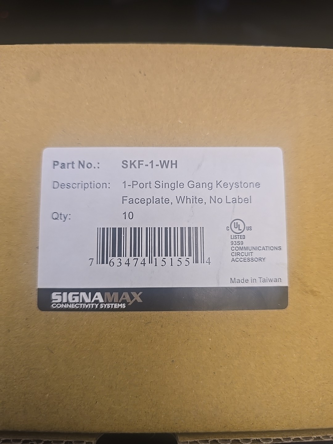 Signamax SKF-1-WH 1 Port Single Gang Keystone Faceplate (Box Of 10)