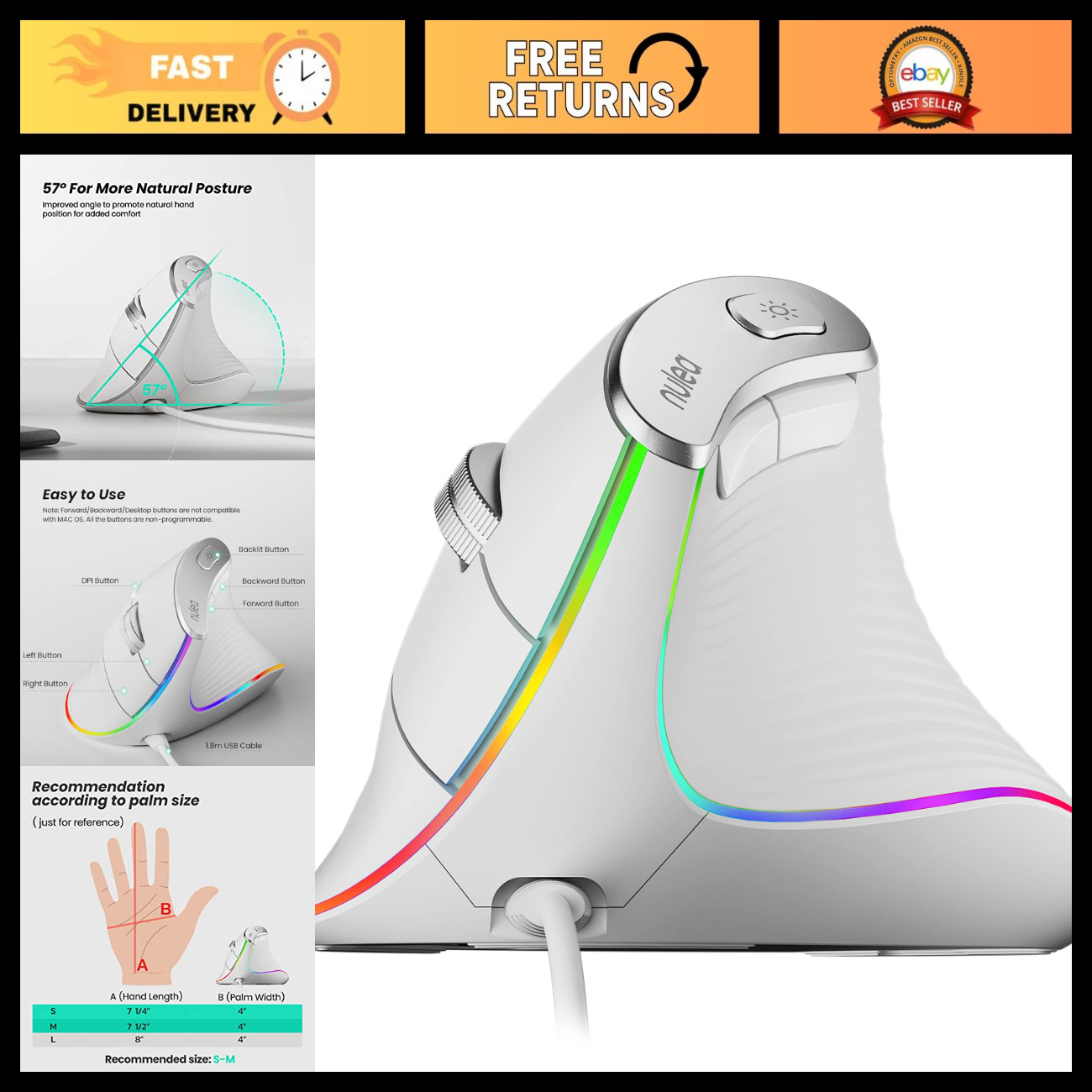 Ergonomic Wired Vertical Mouse, USB Optical, 4 Adjustable DPI, RGB Backlight, PC