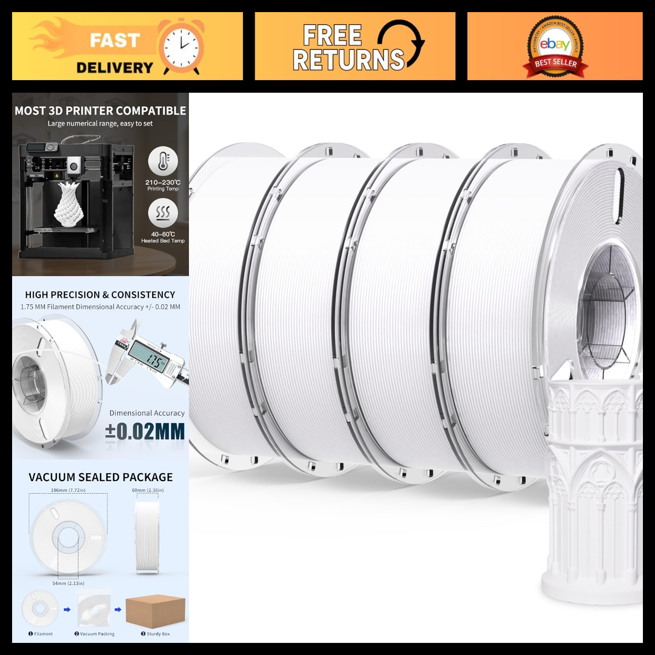 High-Quality White PLA Plus 3D Printer Filament Bundle, 4KG - Durable & Easy to