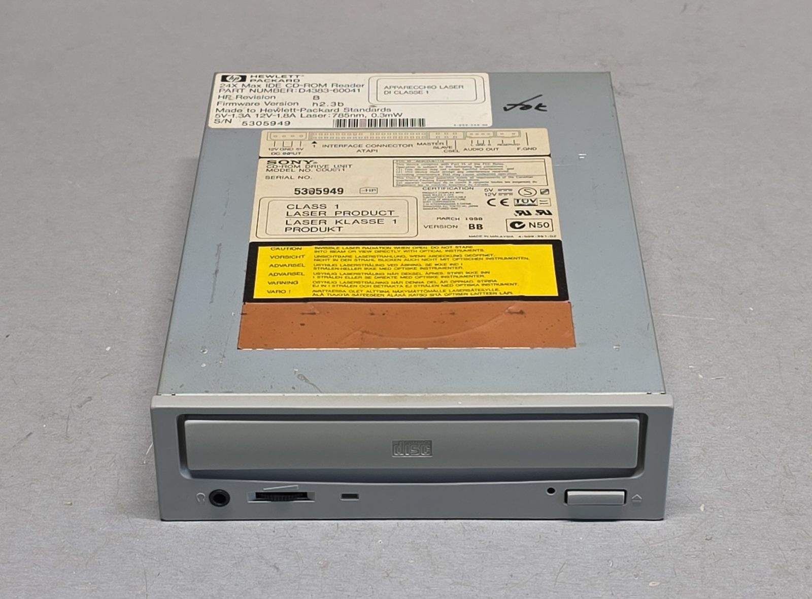 HP 24X Max IDE CD-ROM Reader Sony CDU6111 March 1998 Vintage Desktop Drive