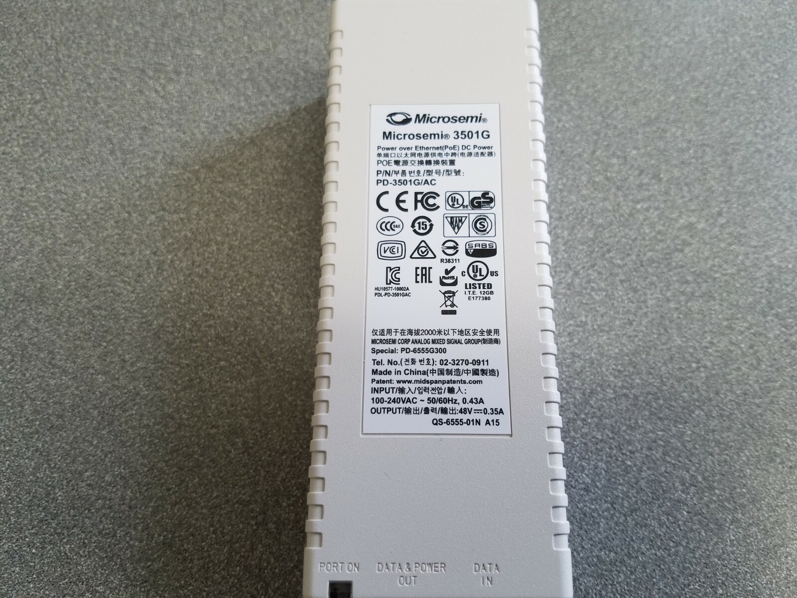 Microsemi 3501G PowerDsine PD-3501G/AC PoE Midspan Injector 48V 0.35A