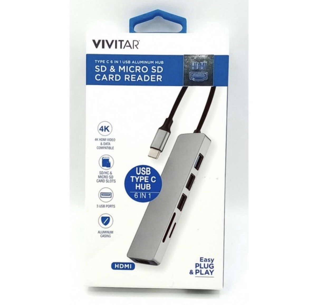 Vivitar-Type-C 6 In 1 USB Aluminum Hub SD/Micro SD Card Reader 4K 3 USB Ports