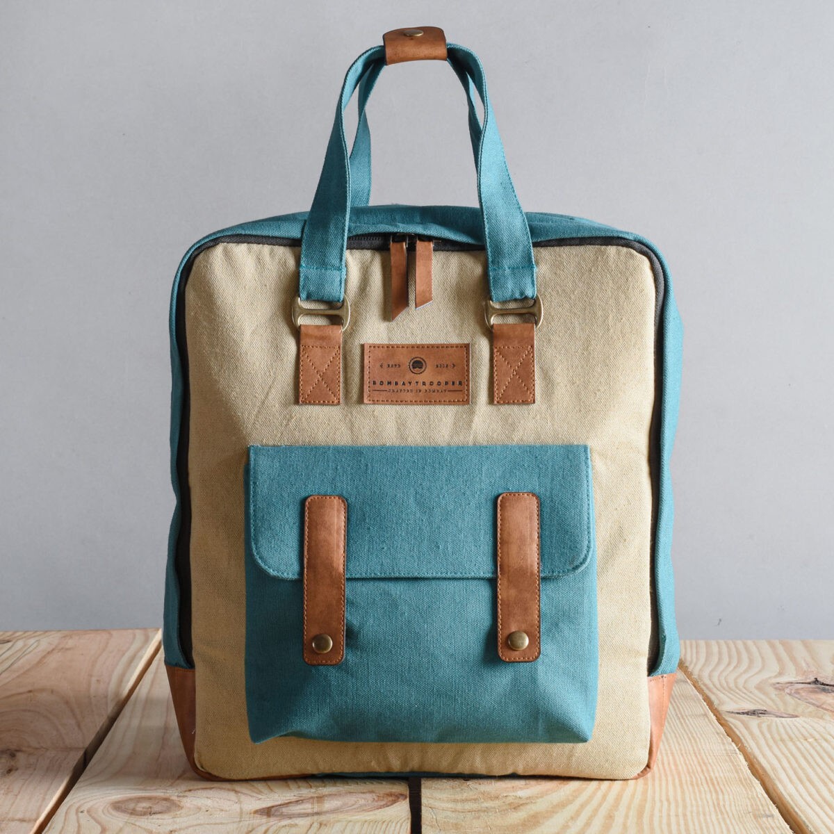 AQUA & BEIGE MINITROOPER DAY PACK – COTTON CANVAS LAPTOP BAG WITH ORGANIZER