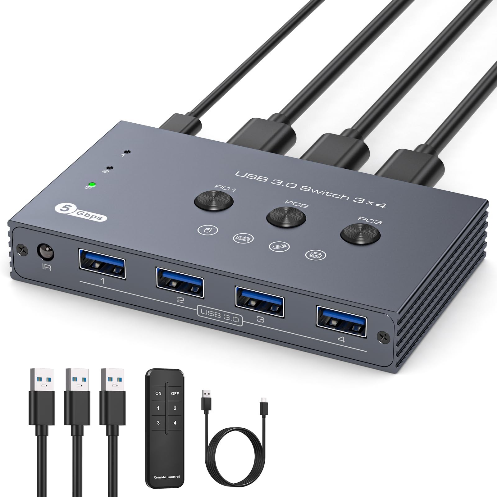 USB 3.0 Switch 3 Computers 4 Port Selector Keyboard Mouse Printer Scanner 5Gbps
