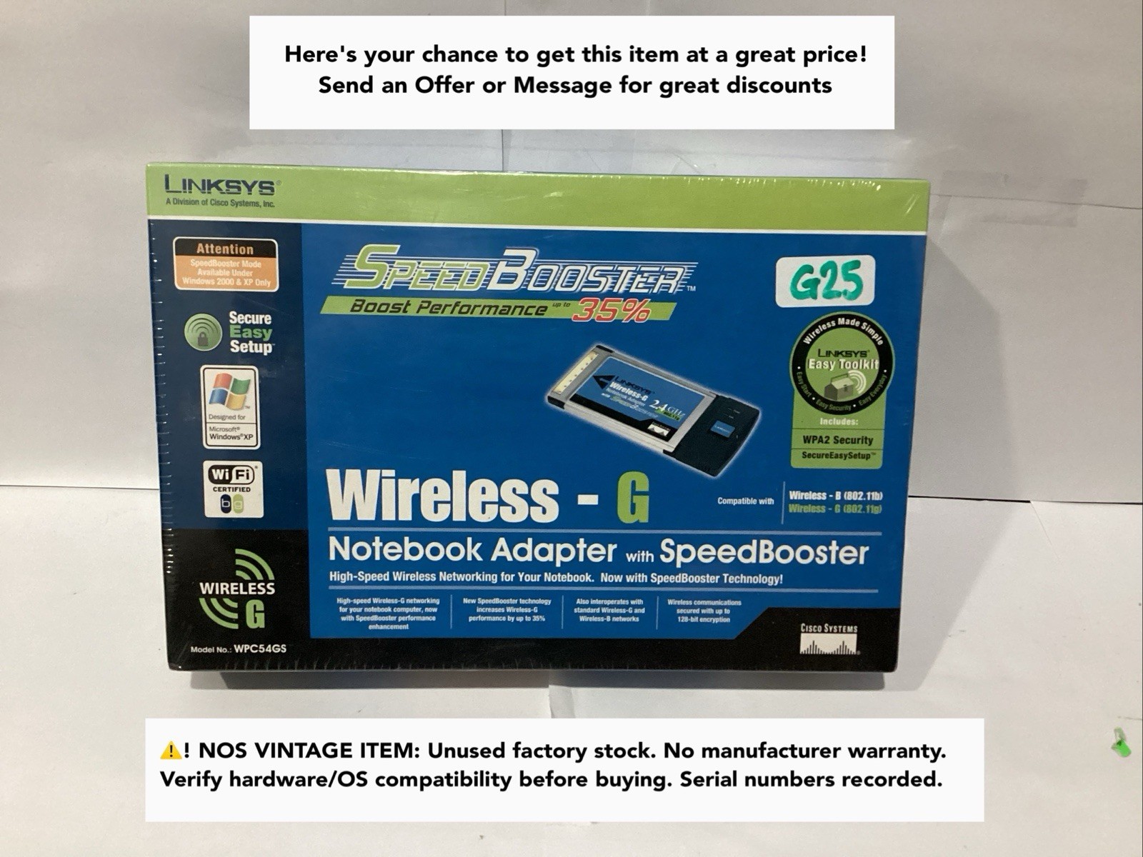 Linksys Wireless-G Notebook Adapter SpeedBooster PCMCIA Card WPC54GS Brand New