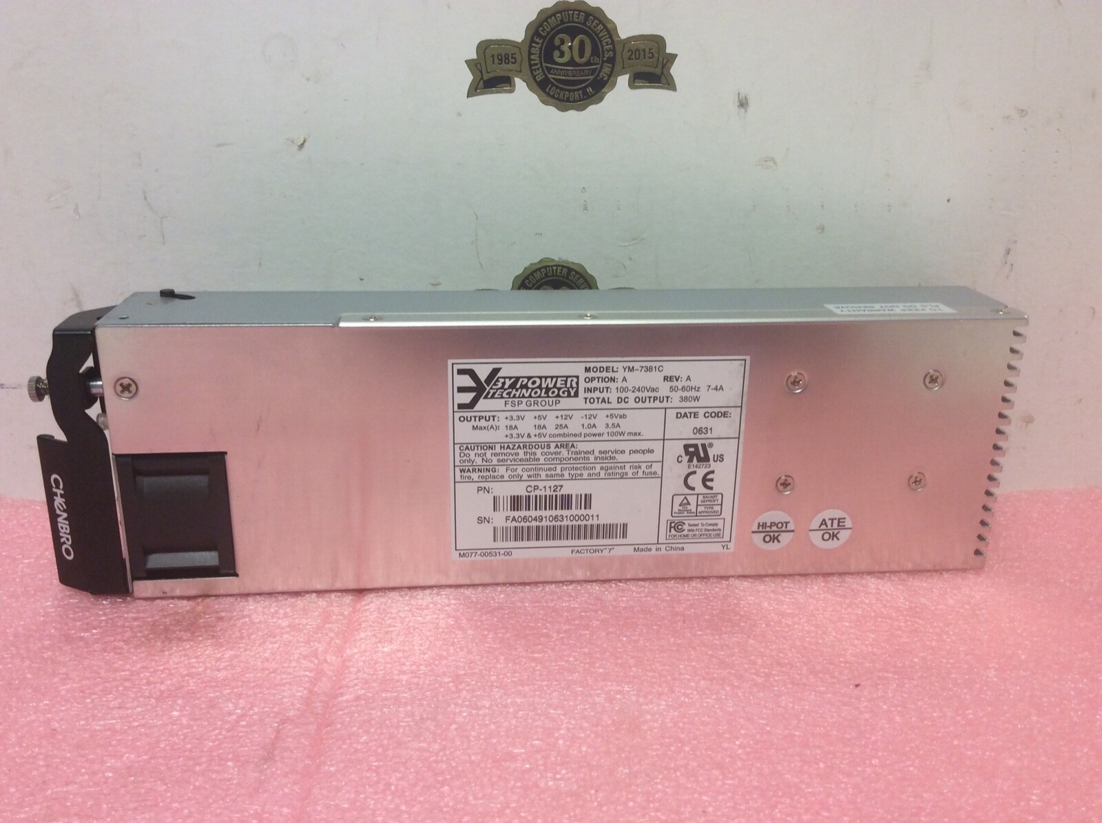 Chenbro 3Y Power Technology Model YM-7381C 380 watt Server hot swap Power Supply