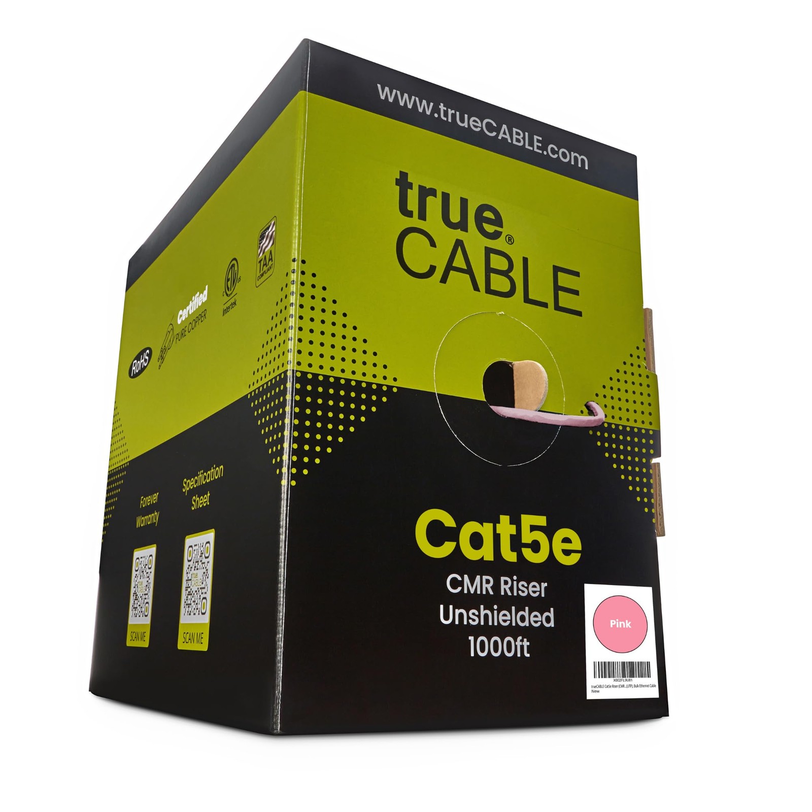 trueCABLE Cat5e Riser 1000ft, Pink, 24AWG 4 Pair Solid Bare Copper, 350MHz, PoE