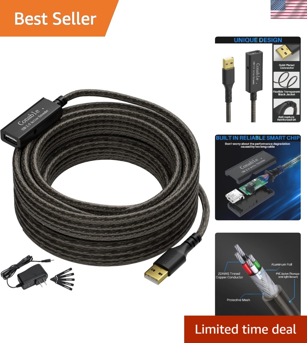 50ft USB 2.0 Extension Cable with AC Power Supply - Fast Data Transfer