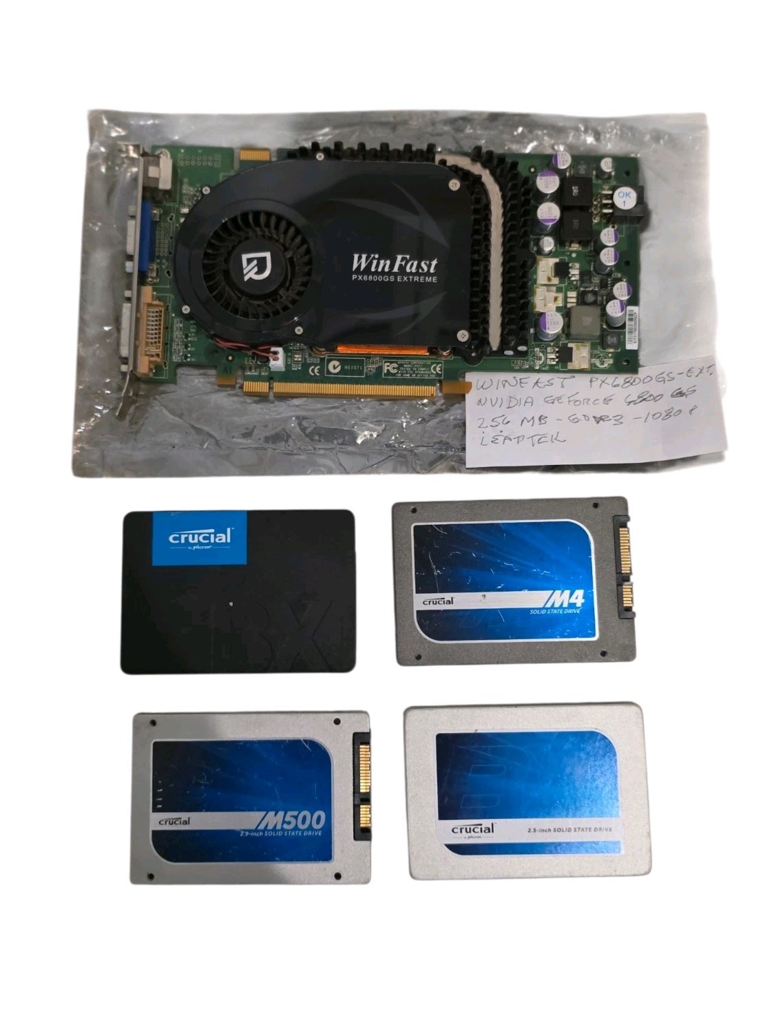 PC Parts Lot: Leadtek WinFast PX6800 GS GPU + 4x Crucial 2.5" SATA SSDs UNTESTED
