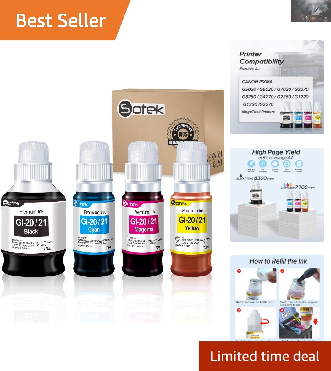 GI-20 & GI-21 Ink Refill Bottles for Canon PIXMA - 4 Pack in Vibrant Colors