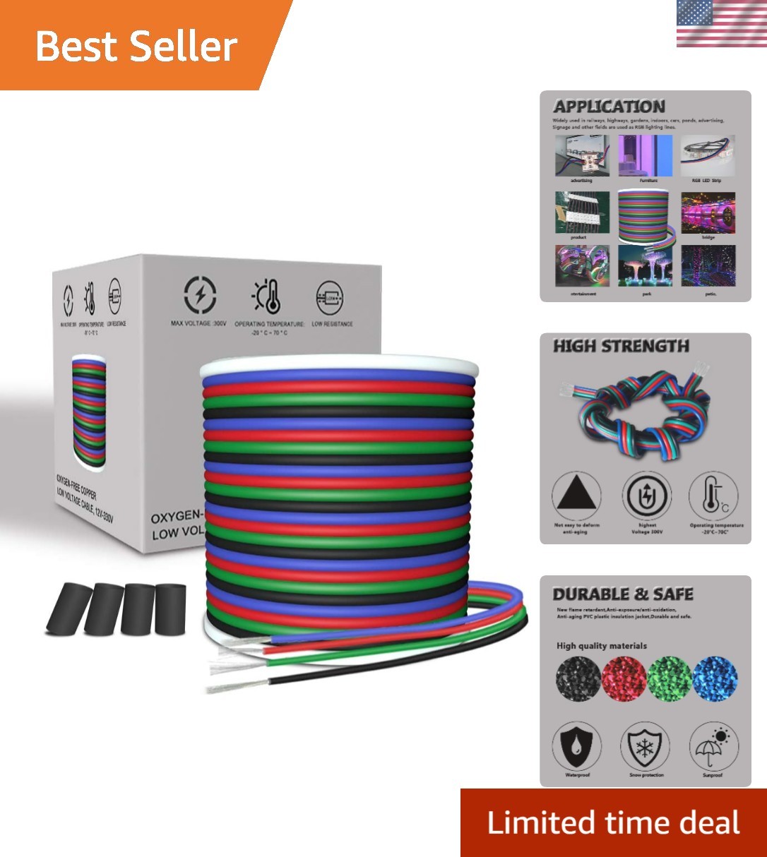 Durable 66ft 22 AWG RGB LED Strip Extension Cable - Tinned Copper Flexibility