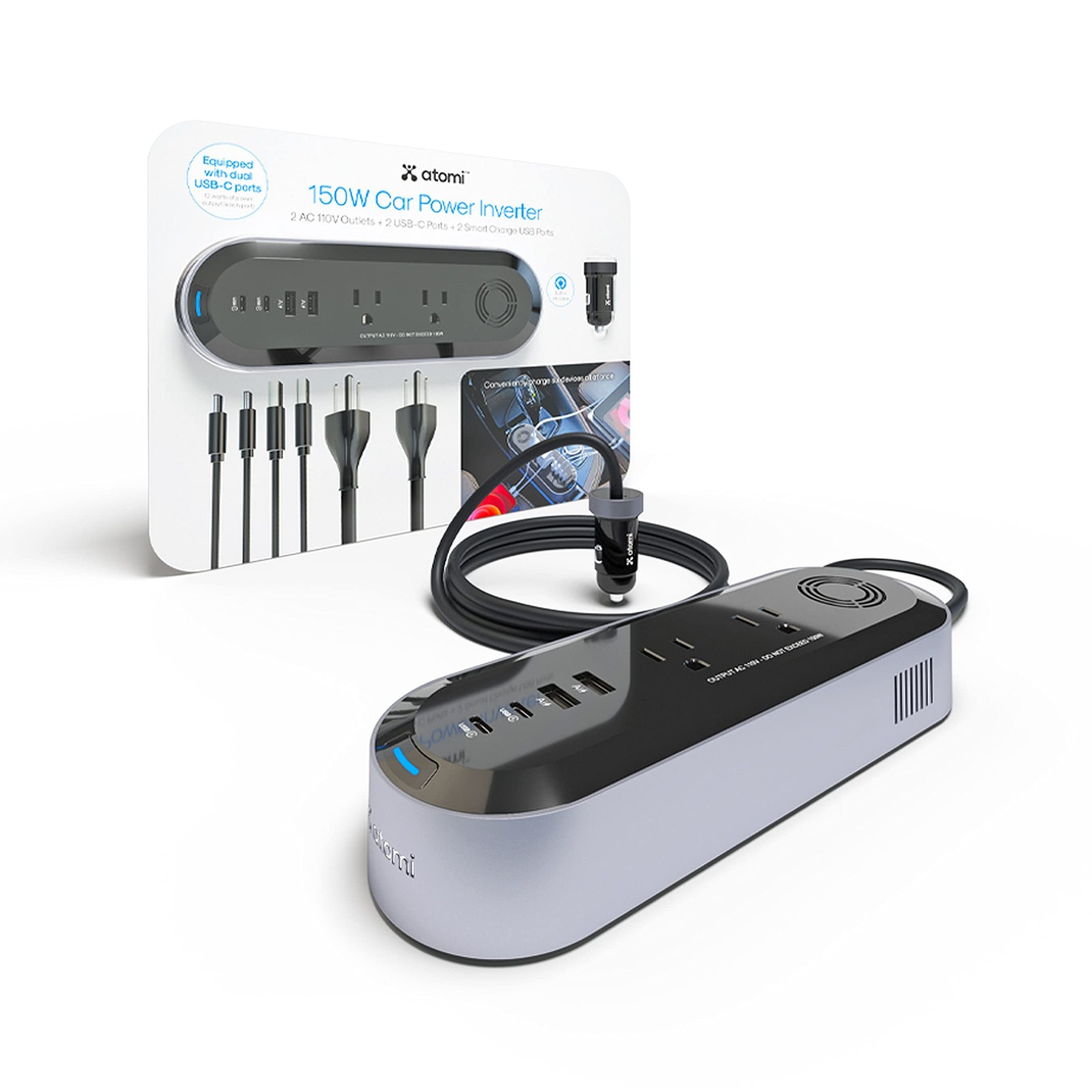 Atomi 150W Car Power Inverter with 2 AC 110V Outlets + 2 USB-C Ports + 2 Smar...