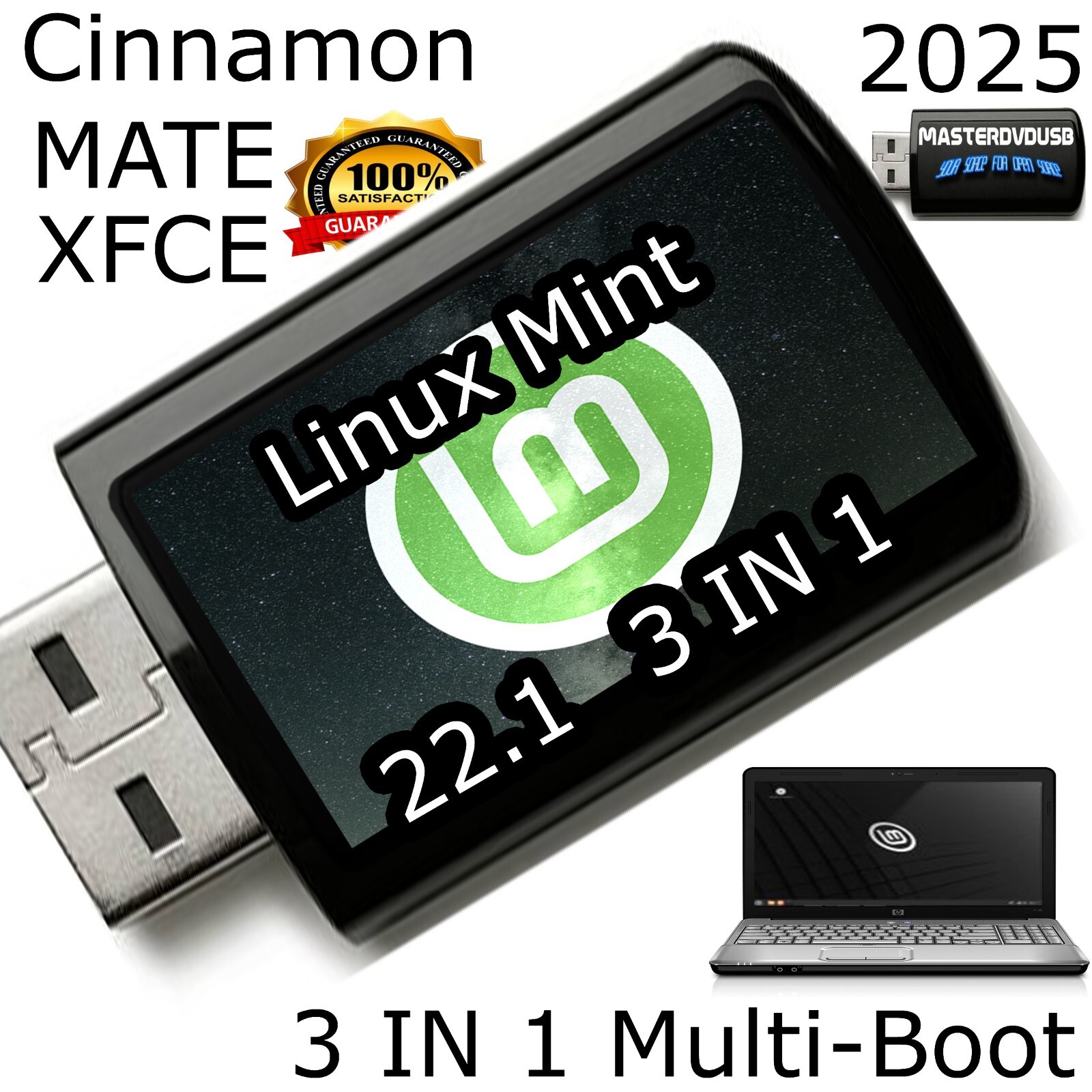 Linux Mint 22.1 Xia 2025 Multi-Boot 3-in-1 USB Flash Drive Cinnamon, MATE, XFCE