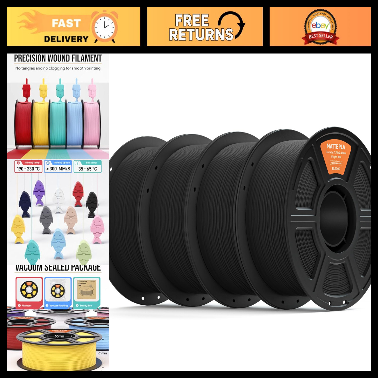 Matte Black 3D Printer Filament 1.75mm, PLA, 4KG - High-Quality, Durable Materia