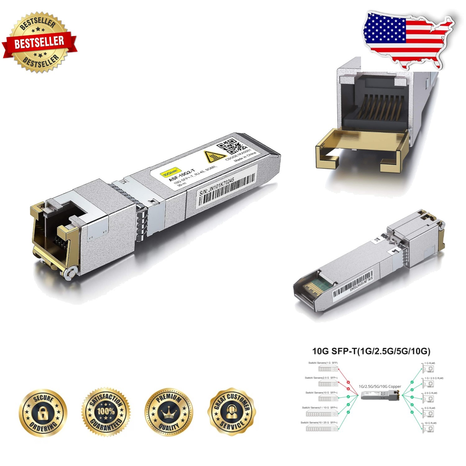 10G SFP+ RJ45 Cat6a Copper Module 30M Auto-Negotiation Ethernet