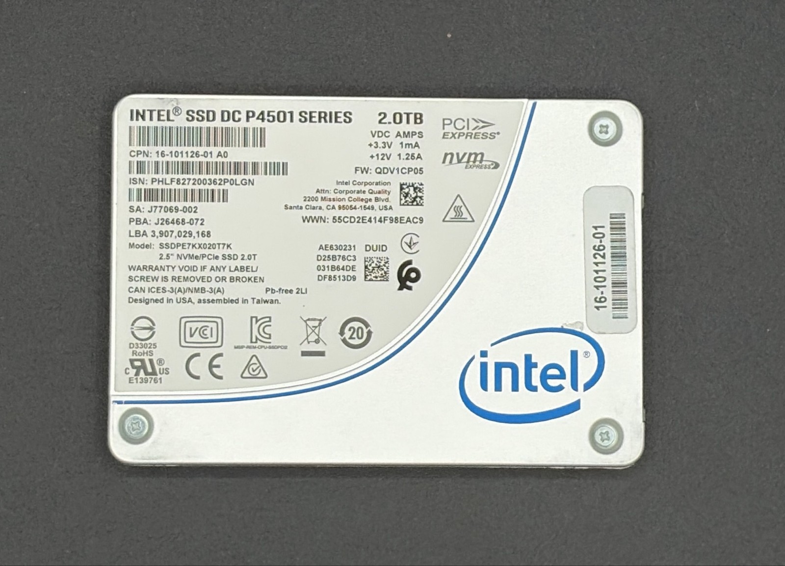 Intel SSD DC P4501 Series 2TB SSDPE7KX020T7 NVMe/PCIe U.2 Solid State Drive