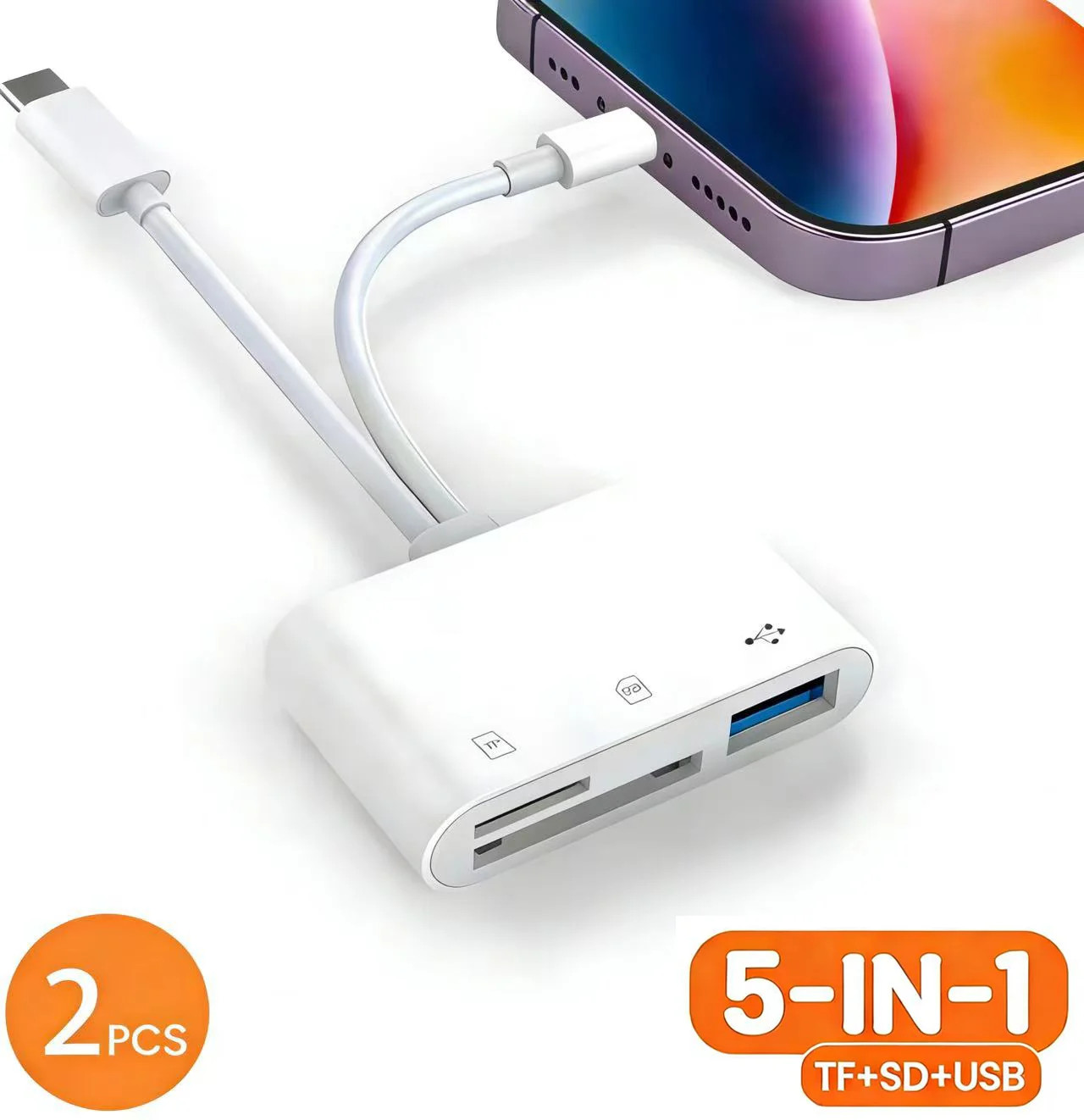 2 Pcs 5-in-1 USB 3.0 Card Reader Lightning Type C SD TF Adapter For iPhone iPad