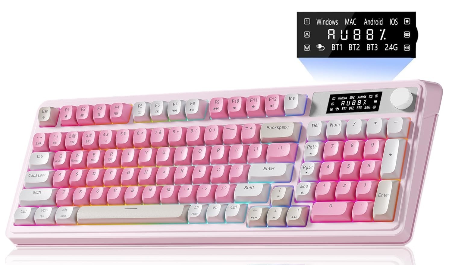 Wireless Pink Gaming Keyboard, Full Size Creamy Design, Ergonomic & RGB Backlit