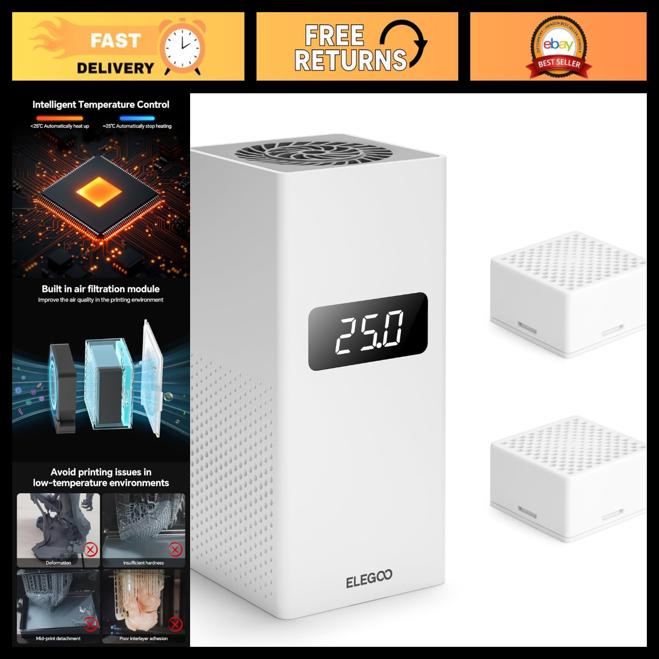 Smart Mini Heater for Resin 3D Printer - PTC Heating, Odor Filtering, Compact De