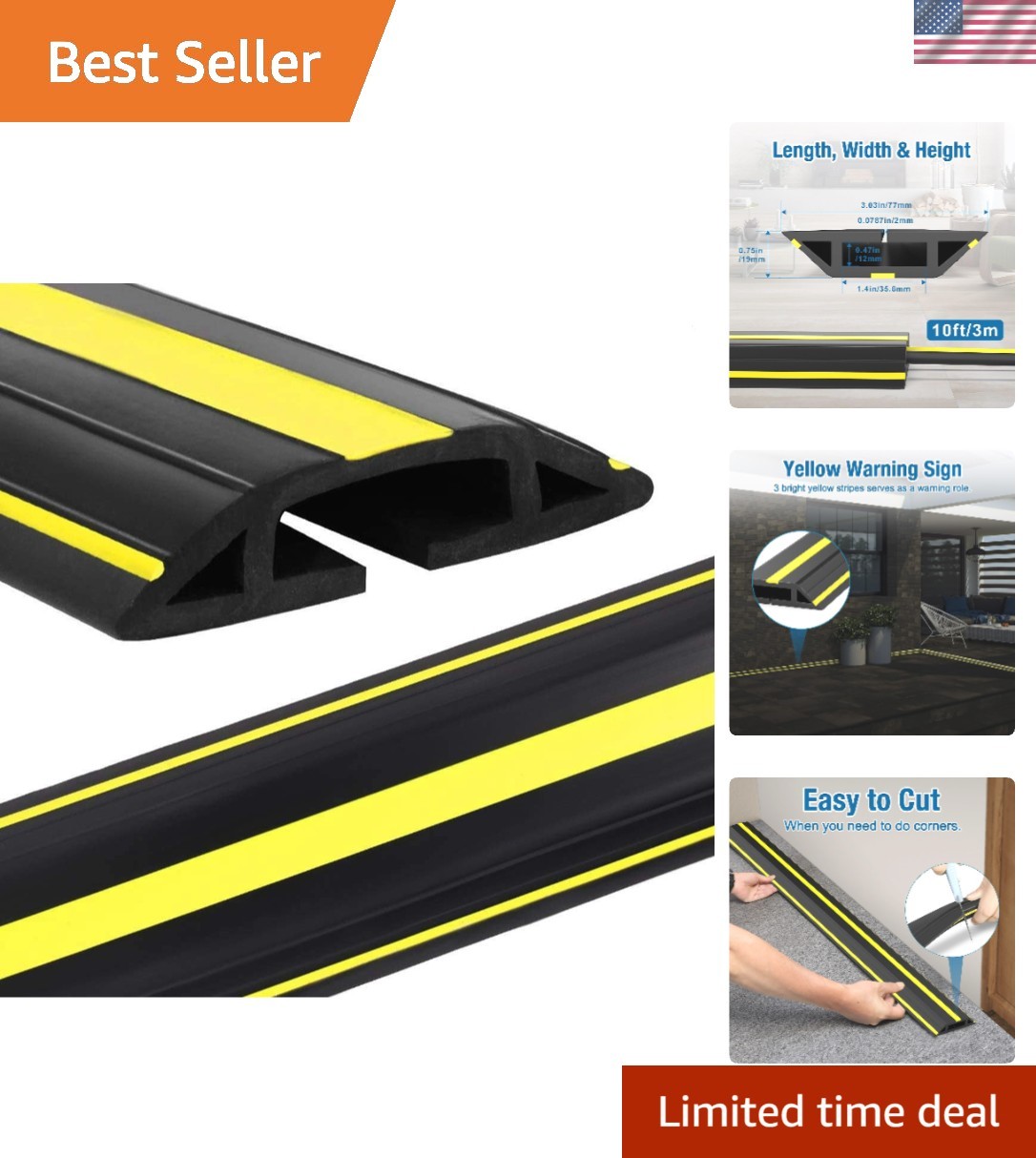 10 ft Floor Cable Cover Protector, Heavy Duty PVC Duct Easy to Unroll, Preven...