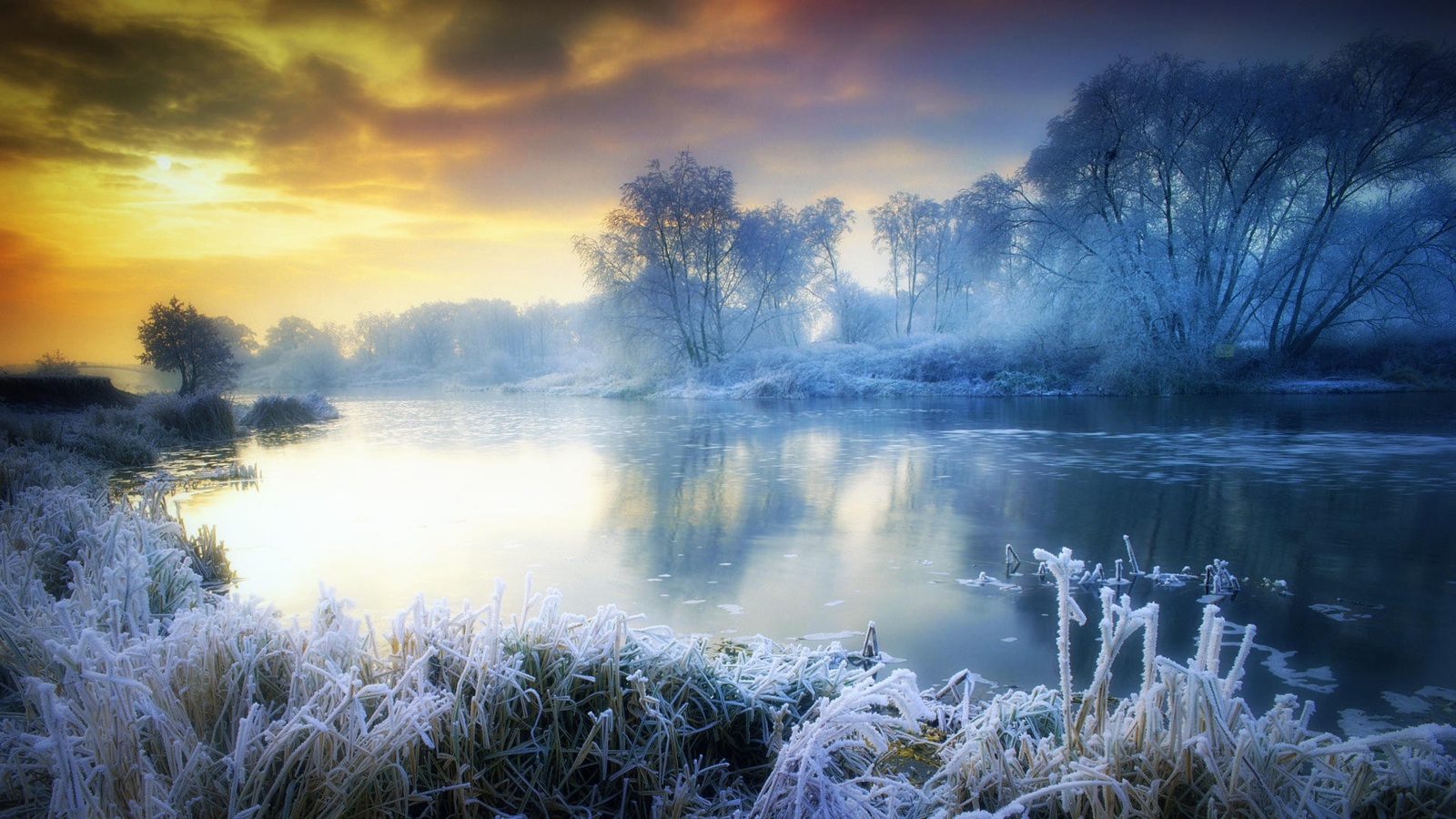 Landscape ice river trees frost cold orange sky sunlight Custom Gaming Mat Desk