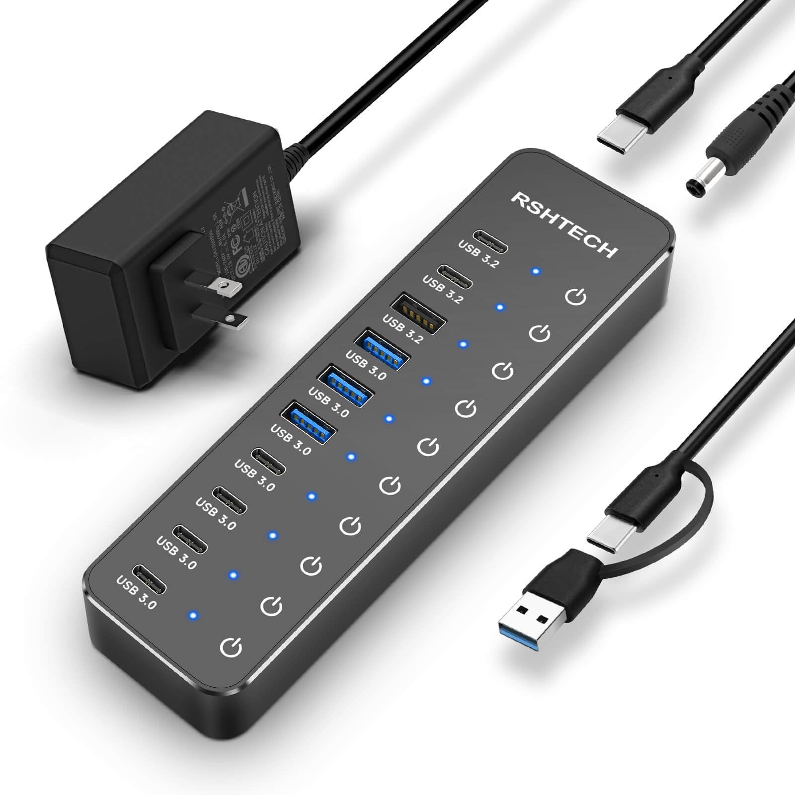 10-Port Powered USB 3.2/USB C Data Hub Splitter 60W, RSH-ST10C-6