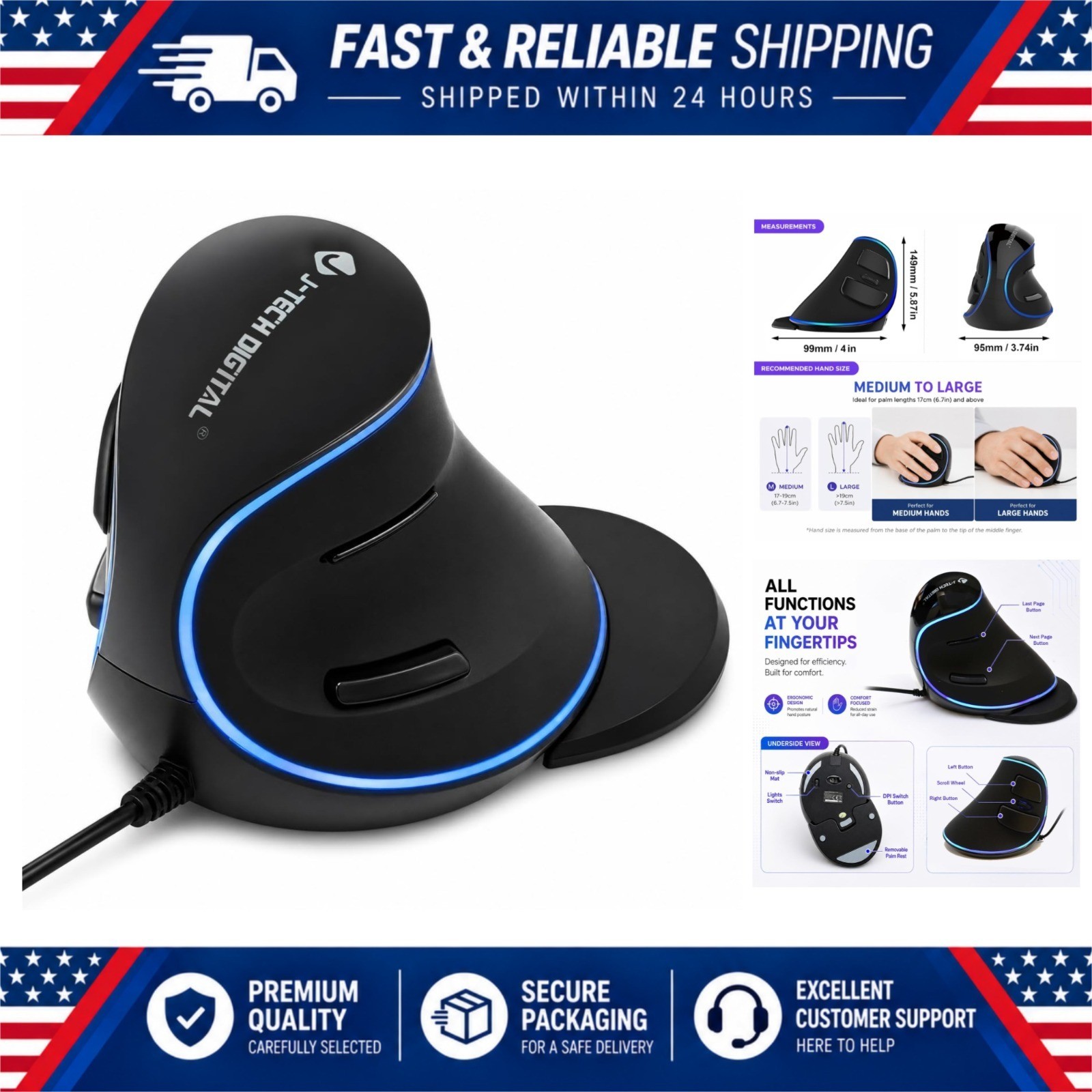 J-Tech Digital Wired Ergonomic Vertical USB Mouse 1600 DPI Palm Rest 7 Buttons