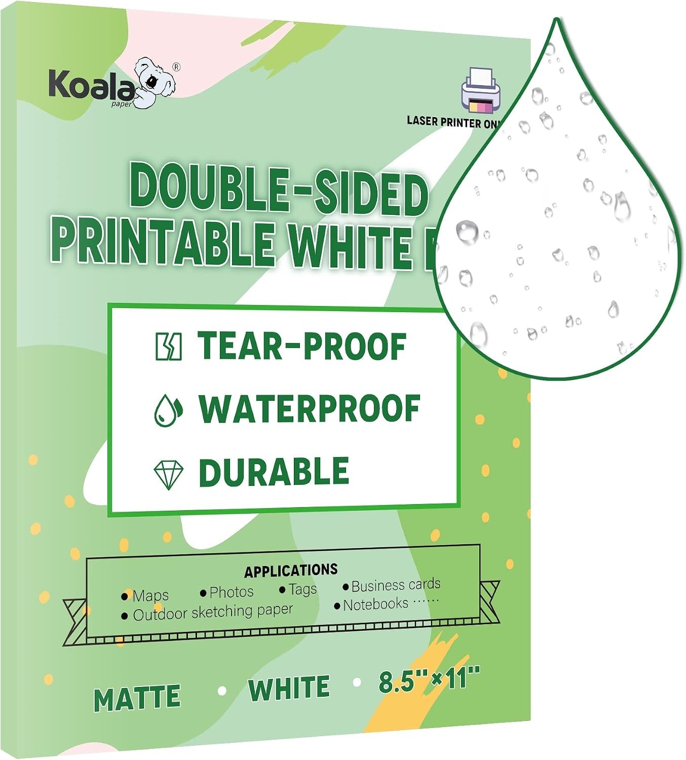 Koala Waterproof Paper for Laser Printer, Tearproof Printer Paper, Matte Doub...