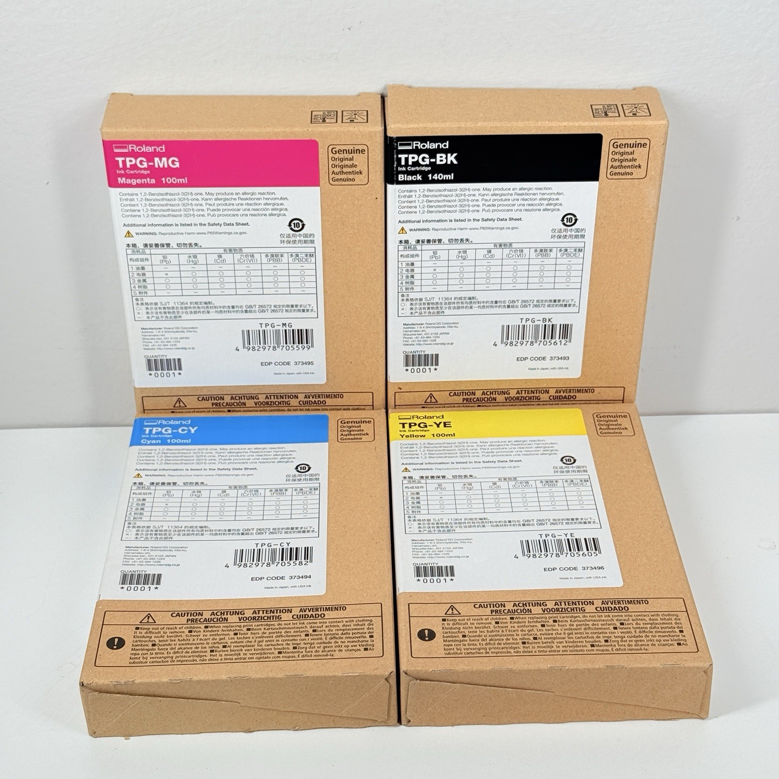 Genuine OEM Roland TPG-BK/TPG-YE/TPG-CY/TPG-MG Ink Cartridge 4-Pack New