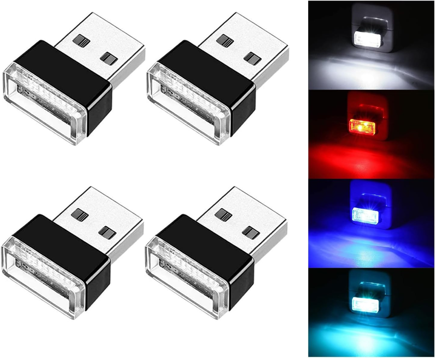 4 PCS USB LED Car Interior Atmosphere Lamp, Portable Mini LED Night Light, Plug-