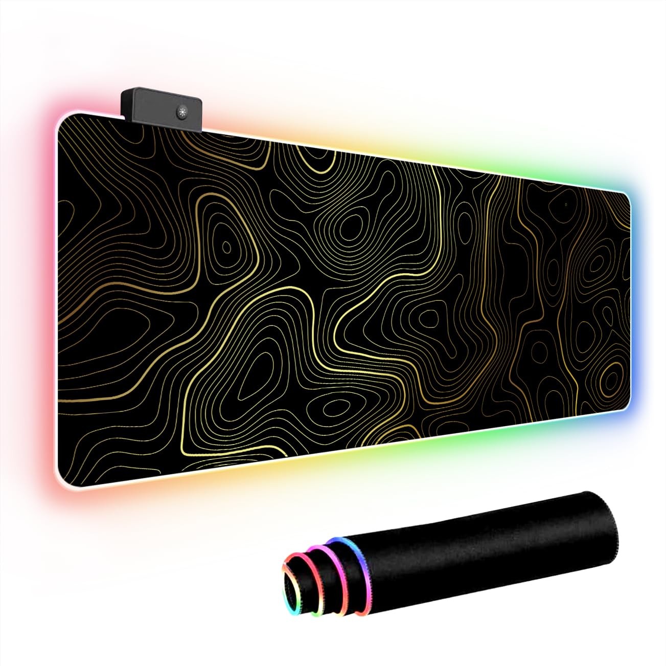 XL Black Gold Topographic Line RGB LED Gaming Mouse Pad Keyboard Desk Mat