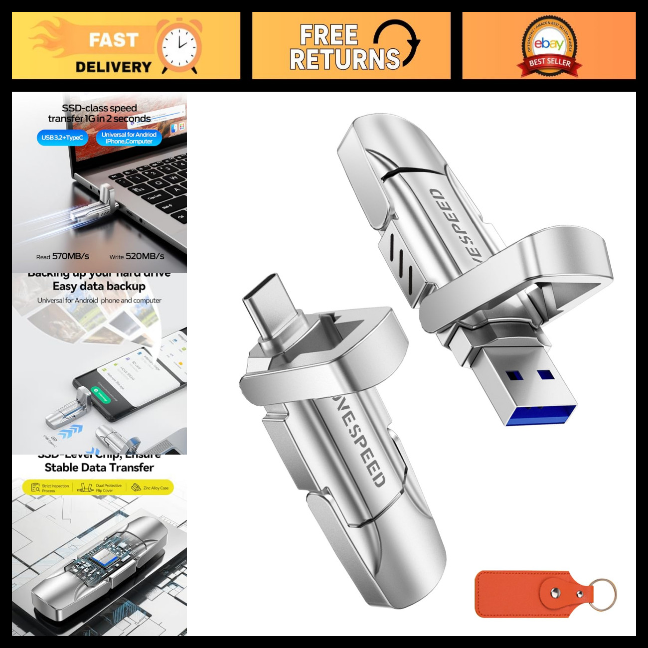 1TB High-Speed USB Flash Drive, Dual Port Type C & USB 3.2, Compatible with iPho