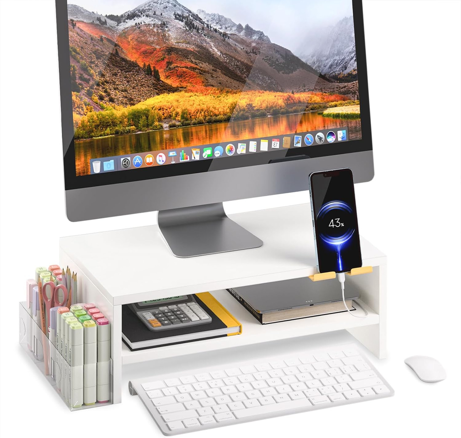 Monitor Stand Riser 2-Tier White with Phone Holder Pen Organizer Desktop