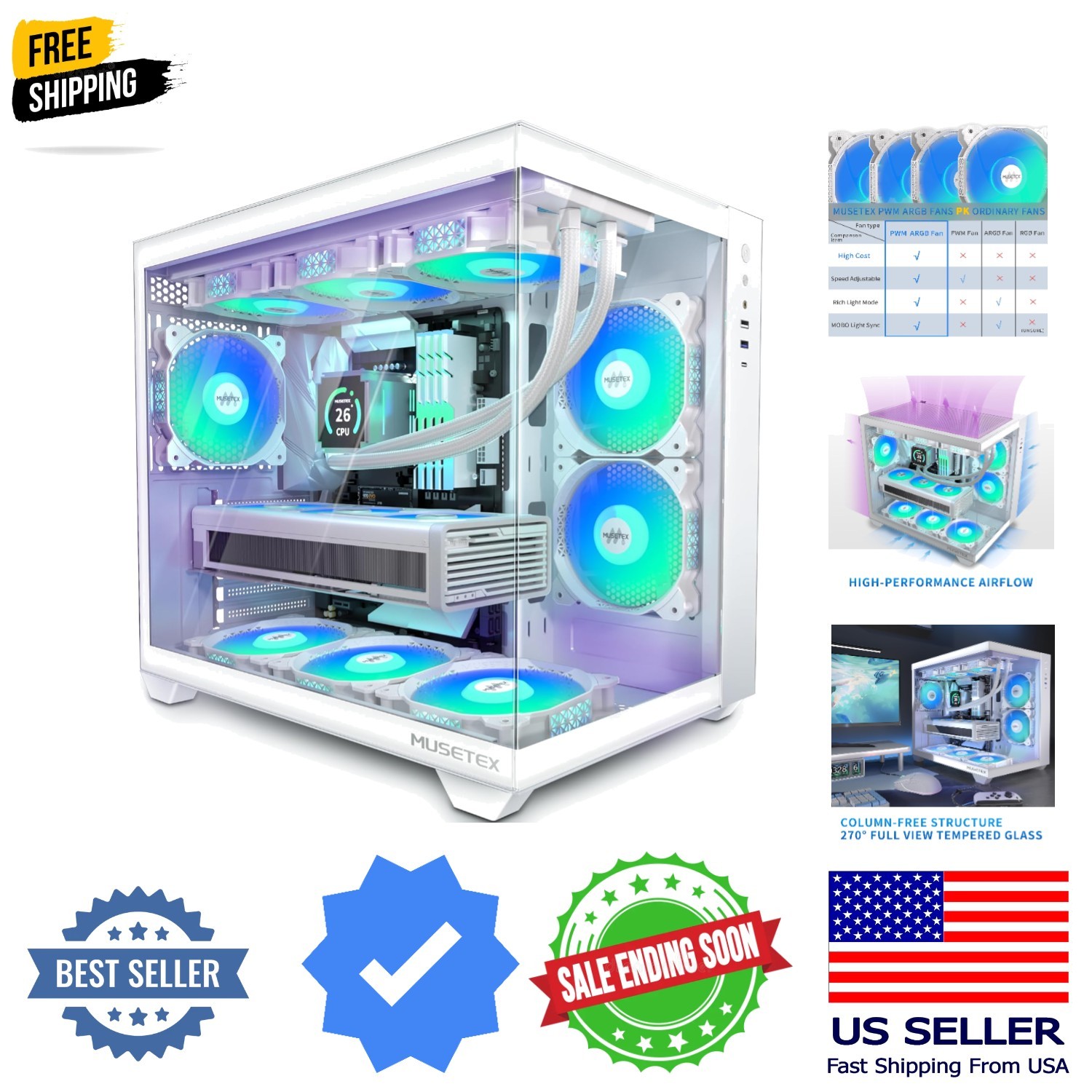 ATX PC Case, 6 PWM ARGB Fans Pre-Installed, 360MM RAD Support, Type-C Gaming ...