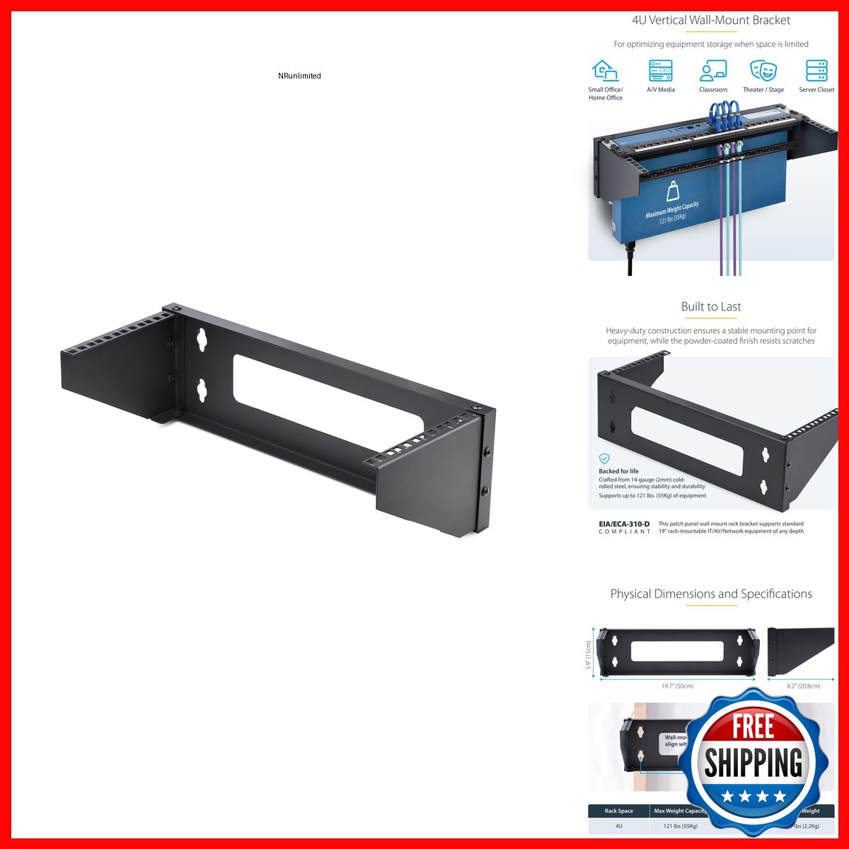 StarTech RK419WALLV-N 4U Vertical Wall-Mount Bracket 19in 121lb 55kg