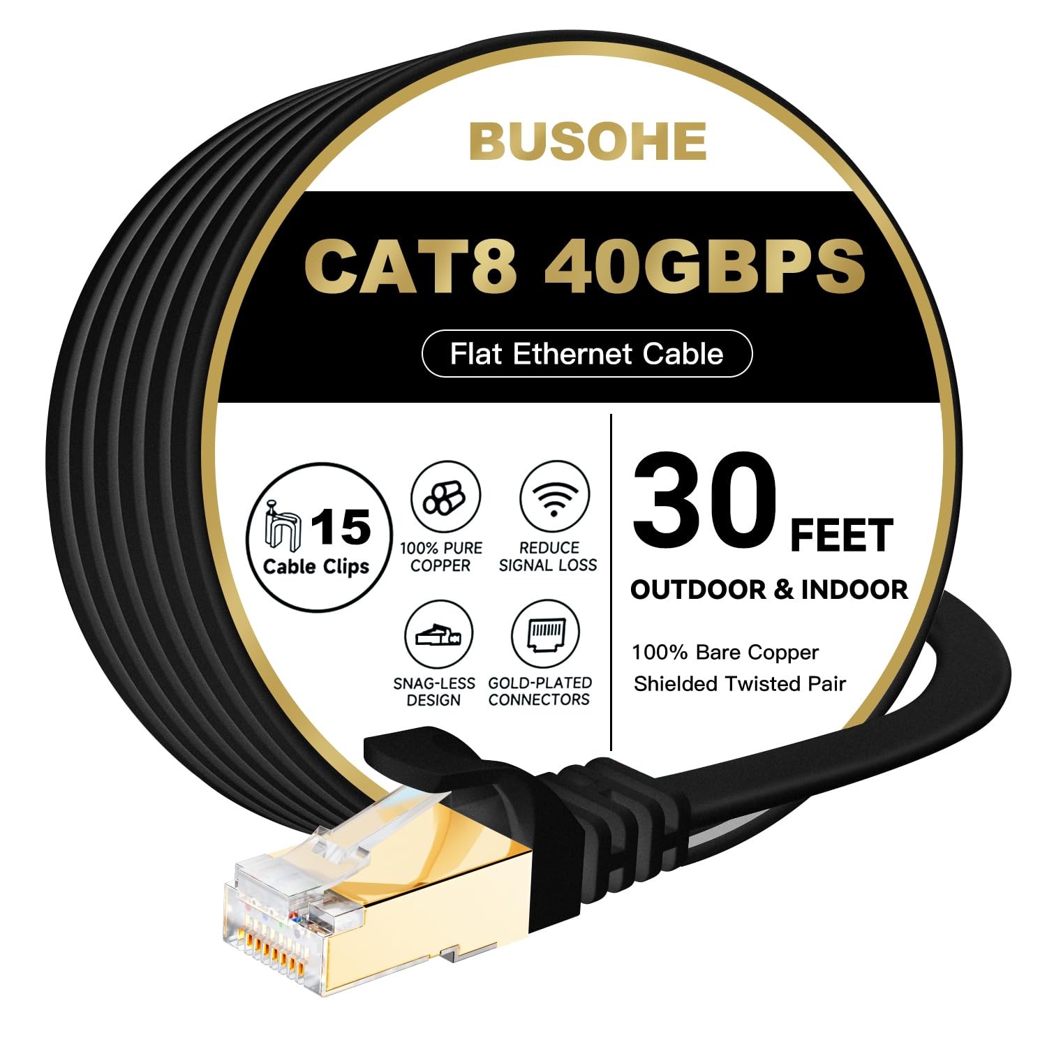 BUSOHE Cat 8 Ethernet Cable 30 FT, 40Gbps 2000MHz Cat8 High Speed Flat Intern...