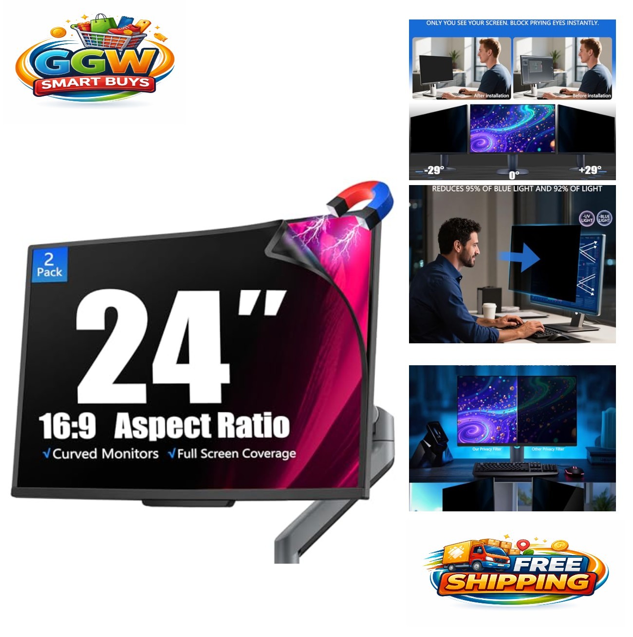 Magnetic Privacy Screen for 24 Inch Monitor 2 Pack Anti Glare Blue Light Filter