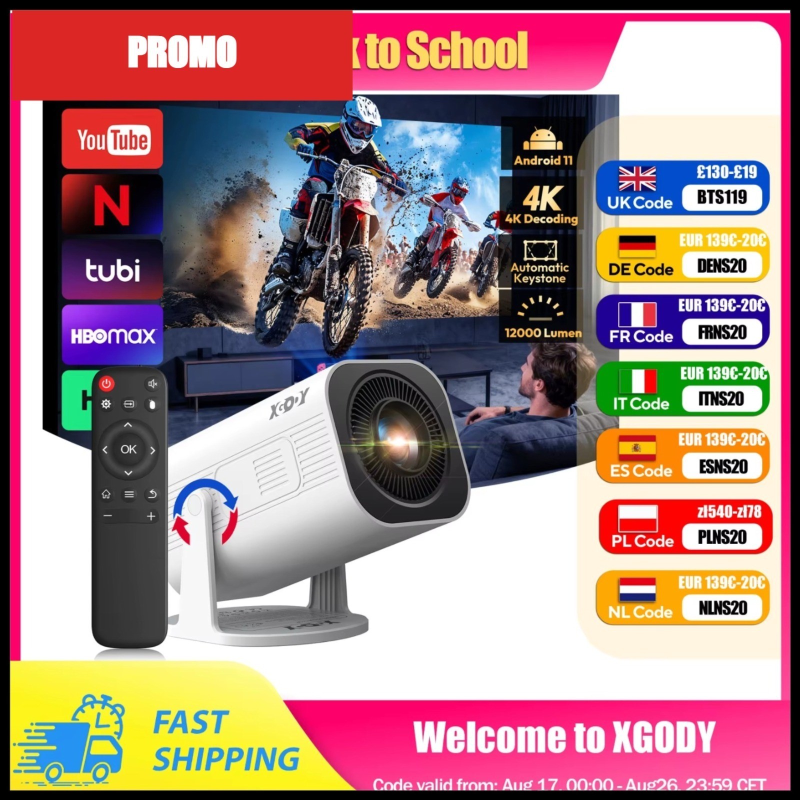XGODY Gimbal 3 Pro Mini Projector 4K WiFi6 Android 300 ANSI Portable Home